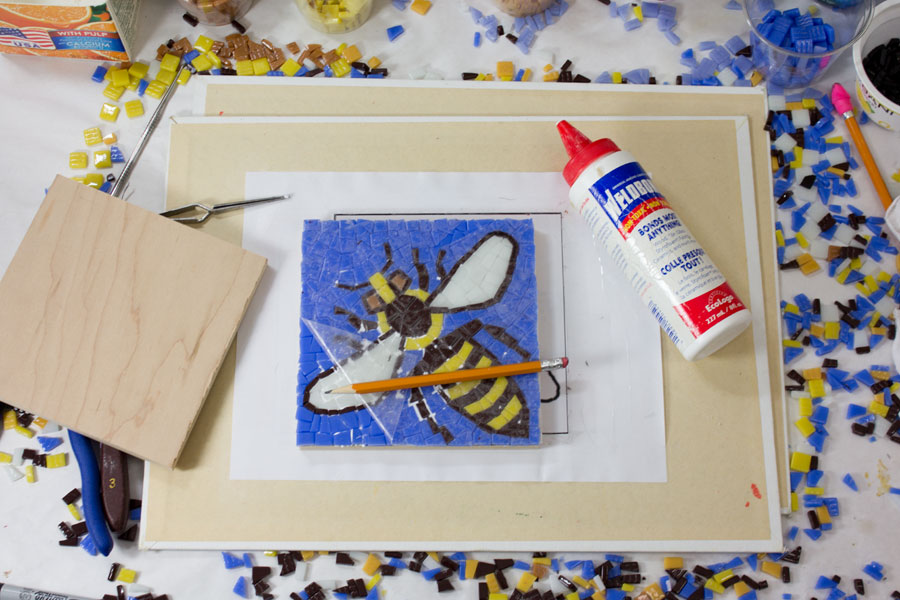 Contact paper removed from the bee mosaic.
