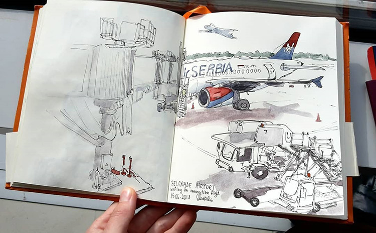 Drawing of Serbia Air airplane in sketchbook