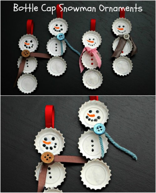Bottle Cap Snowmen - 20 Genius DIY Recycled and Repurposed Christmas Crafts