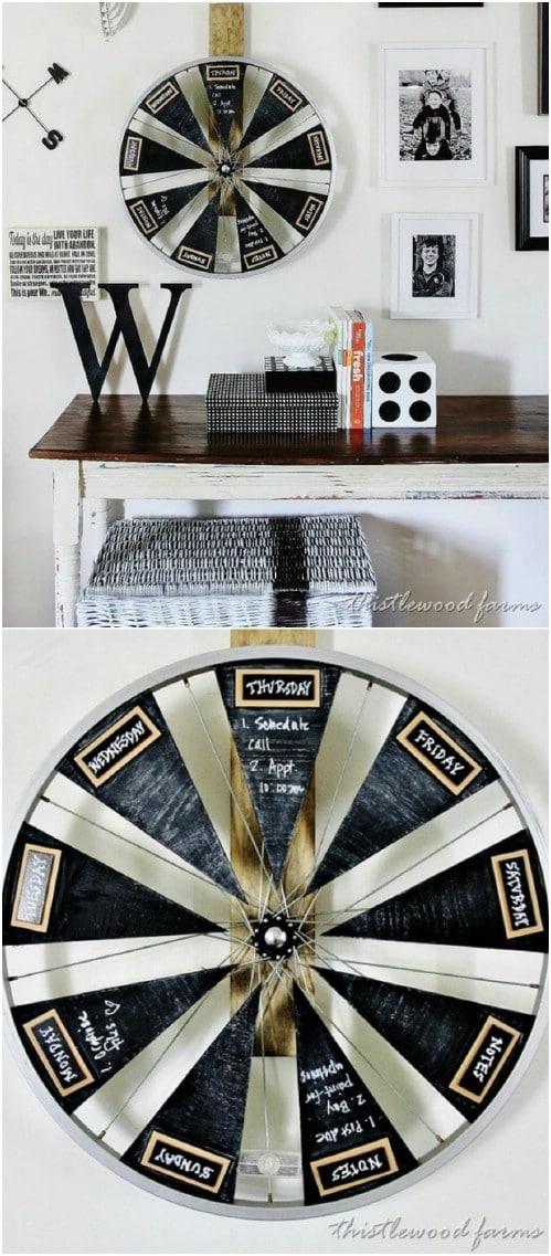 Upcycled Bicycle Wheel Chalkboard Calendar