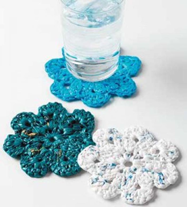 These coasters are made from crocheted plarn.