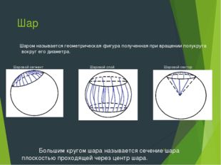 Шар Шаром называется геометрическая фигура полученная при вращении полукруга