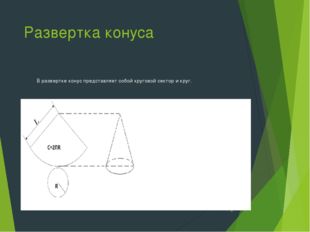 Развертка конуса В развертке конус представляет собой круговой сектор и круг. * 