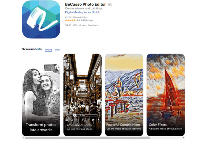 A screenshot of Becasso Photo editor drawing app to turn photos into drawings