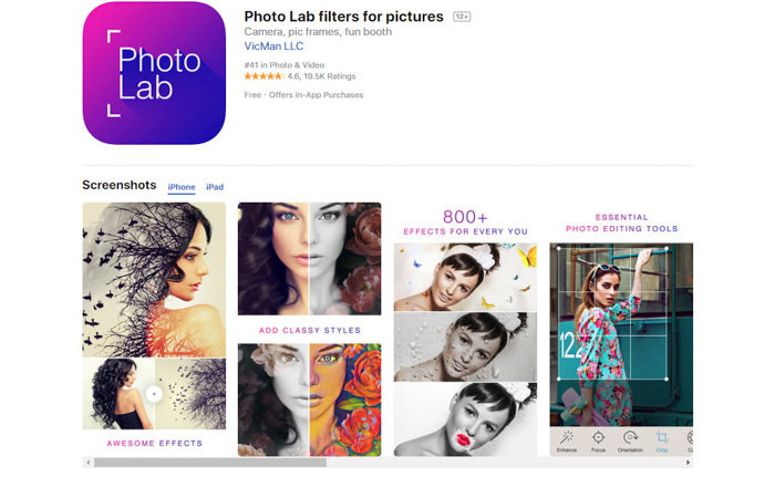 A screenshot of Photo Lab filters for pictures, turn photo into sketch app