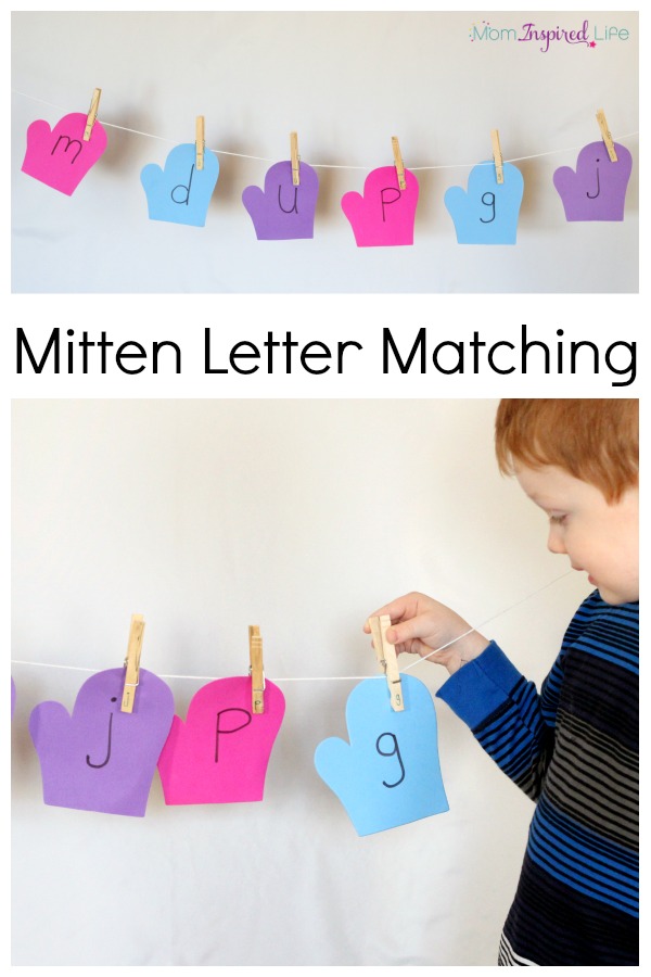 Winter mitten letter matching alphabet activity on a clothesline. Develop fine motor skills while learning letters!