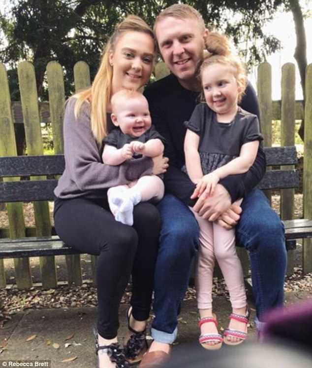 Rebecca Brett (left) with her family, including her fiance Simon Ridgeway and their two daughters: Ava, three (right), and Emilia, seven months (left)