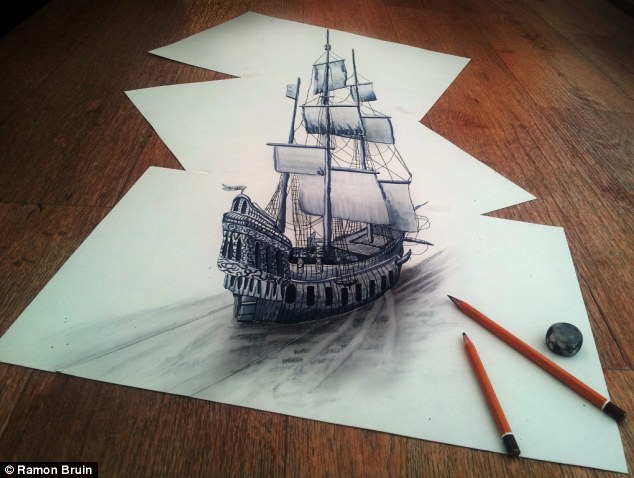 Sail away: An elegant ship appears to be sailing through a sea of white paper sheets in one of the artist