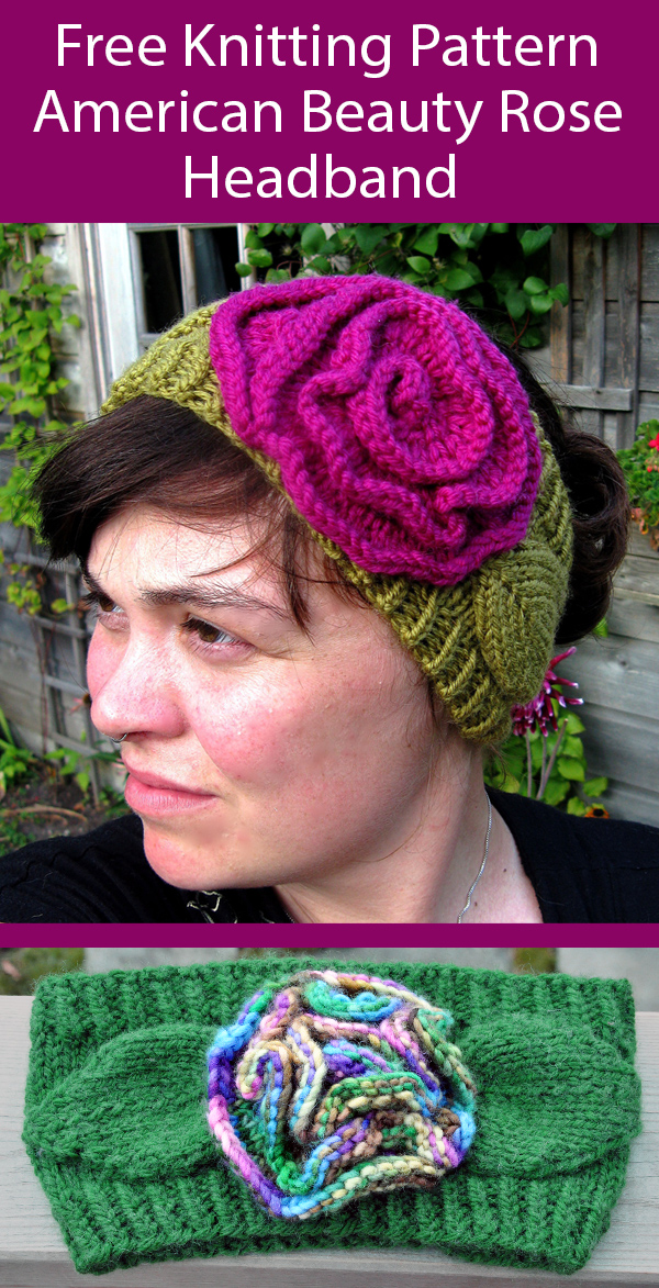 Free Knitting Pattern for American Beauty Rose Headband in 4 Sizes