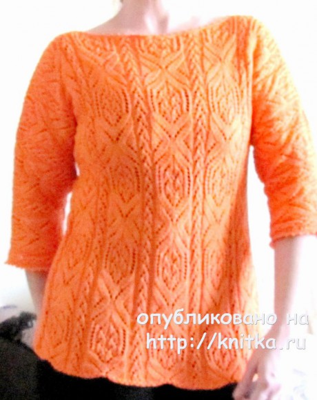 Пуловер спицами Апельсиновое настроение. Работа Арины. Вязание спицами.