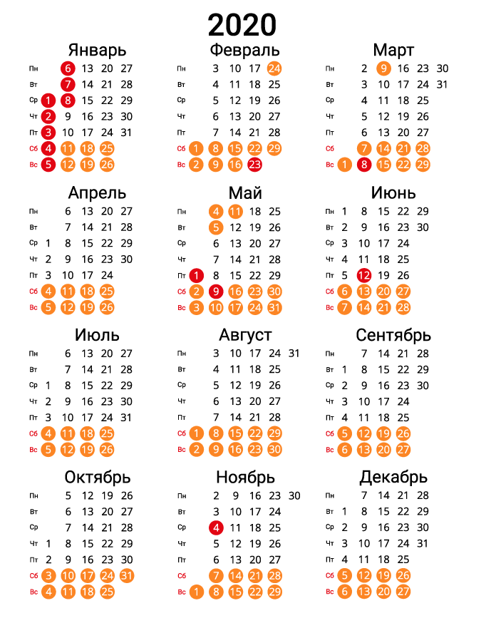 Вертикальный календарь на 2020 - портретный с праздниками