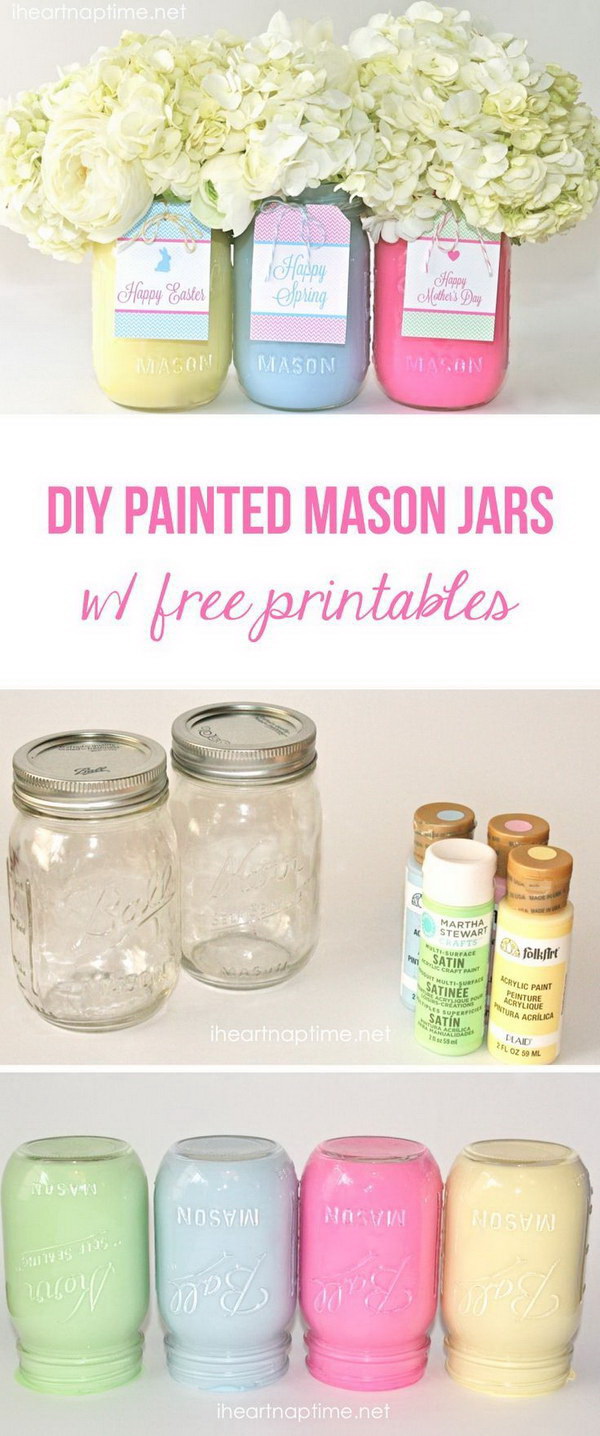 DIY Painted Mason Jars with Flowers. These cute & simple, painted mason jars with fresh flowers in are both perfect for the table centerpieces or used as given gifts for Mother’s Day. 