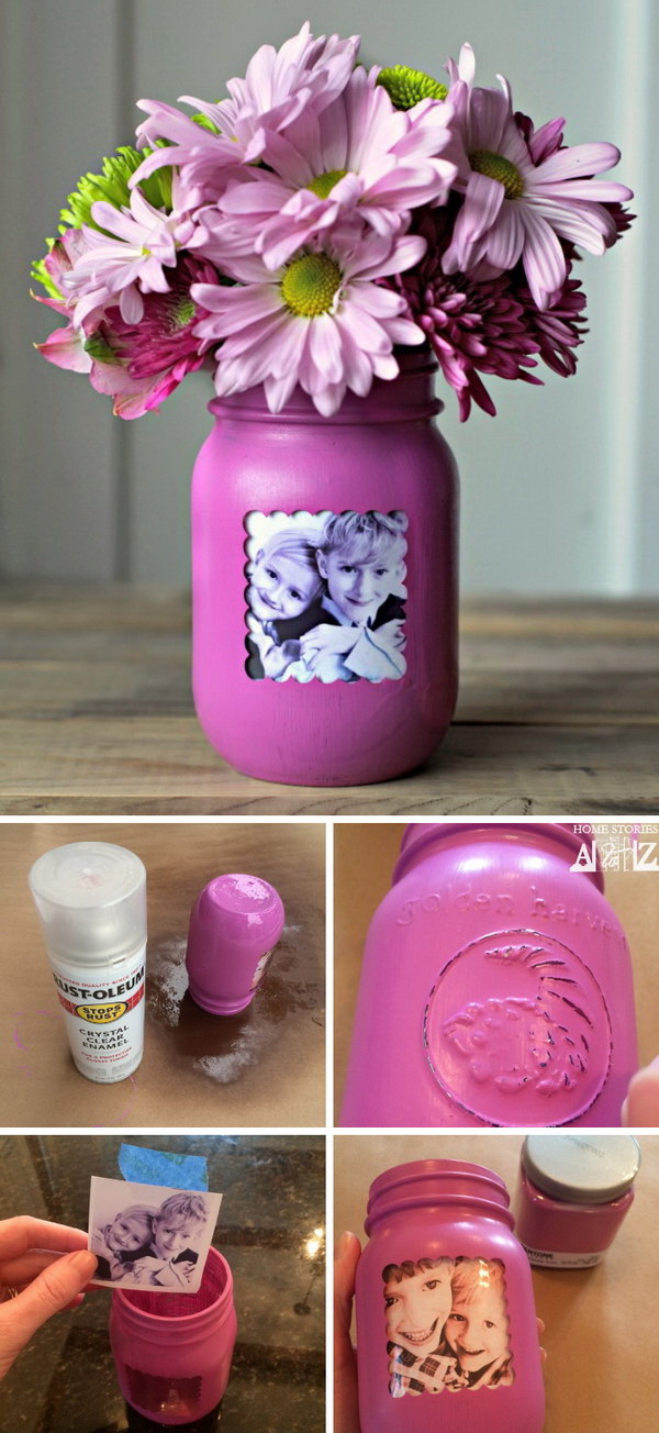 Mason Jar Picture Frame Vase. Another creative way to give gifts with photos with these mason jar phoot vases!  