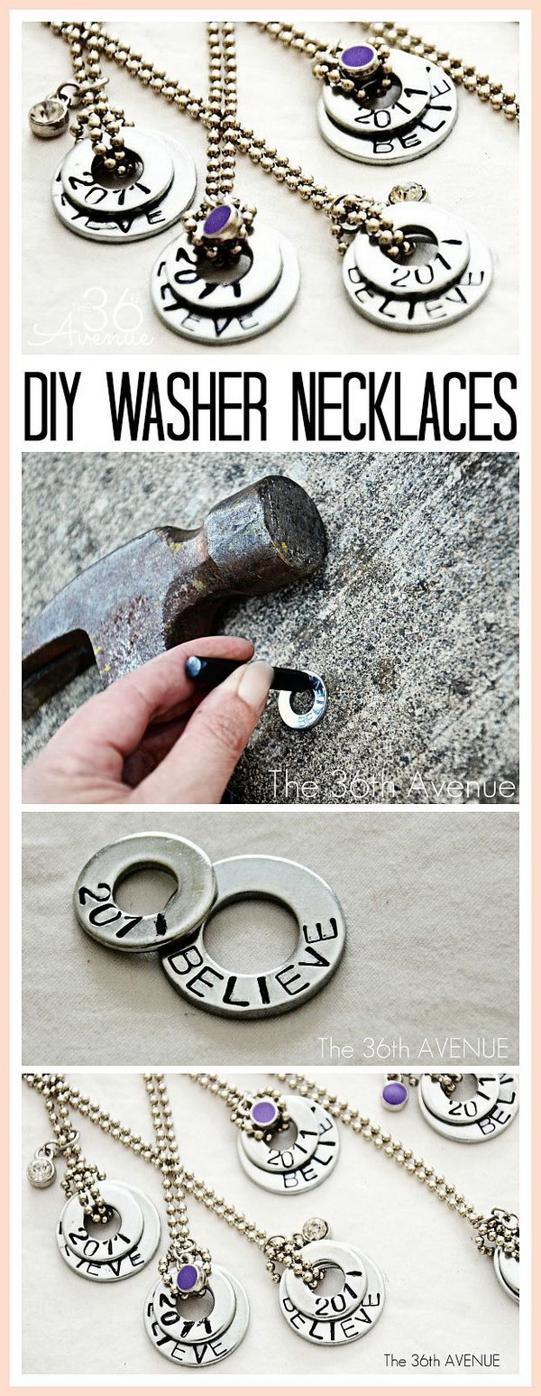 DIY Hand Stamped Washer Necklaces. These stamped washer necklaces are perfect for gifts simple to make and easy to customized with sayings, names, and more! 