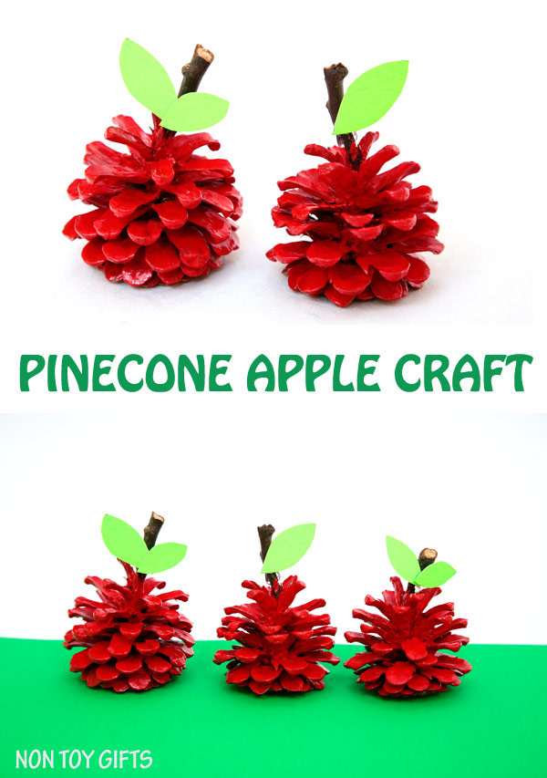 An easy pinecone apple craft for kids. Use can use the pinecone apples as back to school gifts for teachers. It