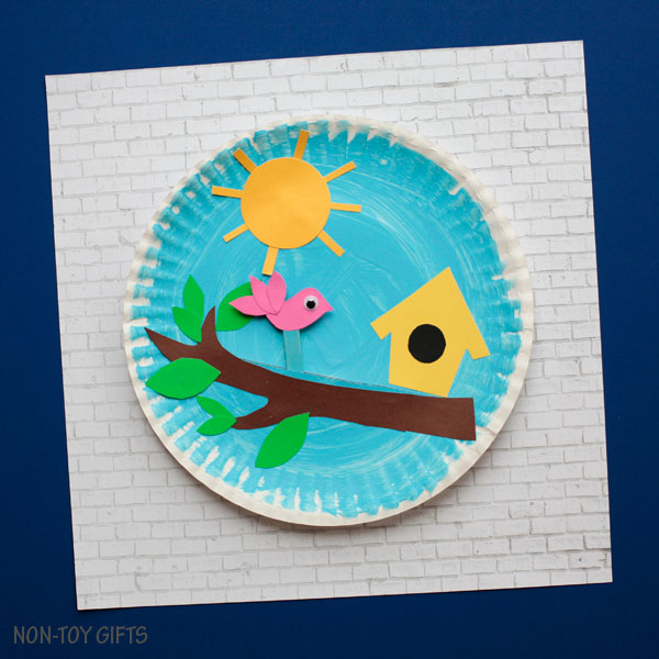 Paper plate birdhouse craft with moving bird