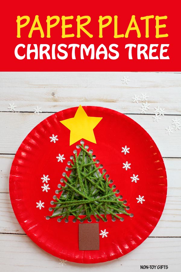 Paper plate Christmas tree made with yarn. A fun sewing craft for kids to do this winter. 