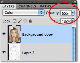 Lowering the layer opacity. Image © 2011 Photoshop Essentials.com.