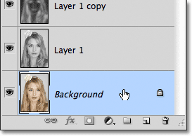 Selecting the Background layer in the Layers panel in Photoshop. Image © 2011 Photoshop Essentials.com.