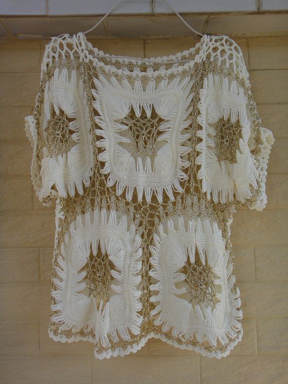 Ivory and Gold Sheer Womens Tunic Blouse Crochet Top Boho Clothing Hairpin Crochet Pattern