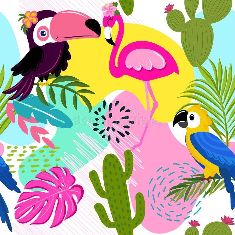 Toucan, Flamingo, Parrot, Cute tropical leaves and plants pattern background. Funny vector drawing seamless pattern. Lettering poster or t-shirt textile stock illustration