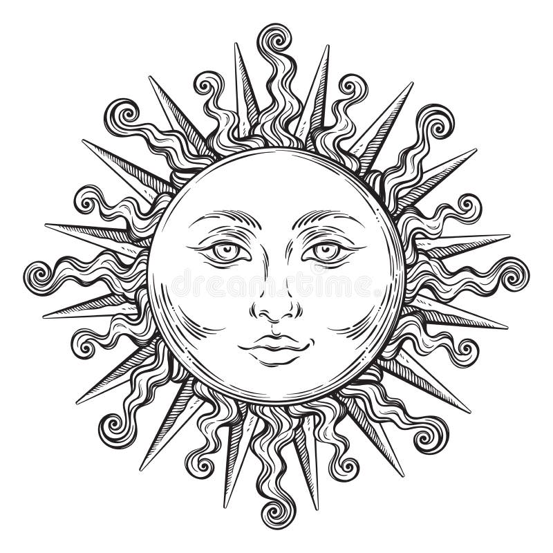 Antique style hand drawn art sun. Boho chic tattoo design vector vector illustration