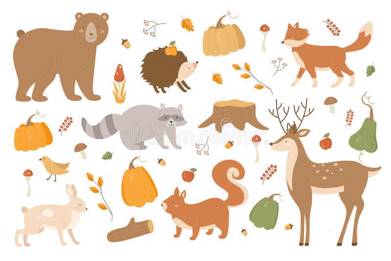Autumn animals vector illustration set, cartoon flat forest fall season collection with raccoon bear deer hare hedgehog. Autumn animals vector illustration set vector illustration