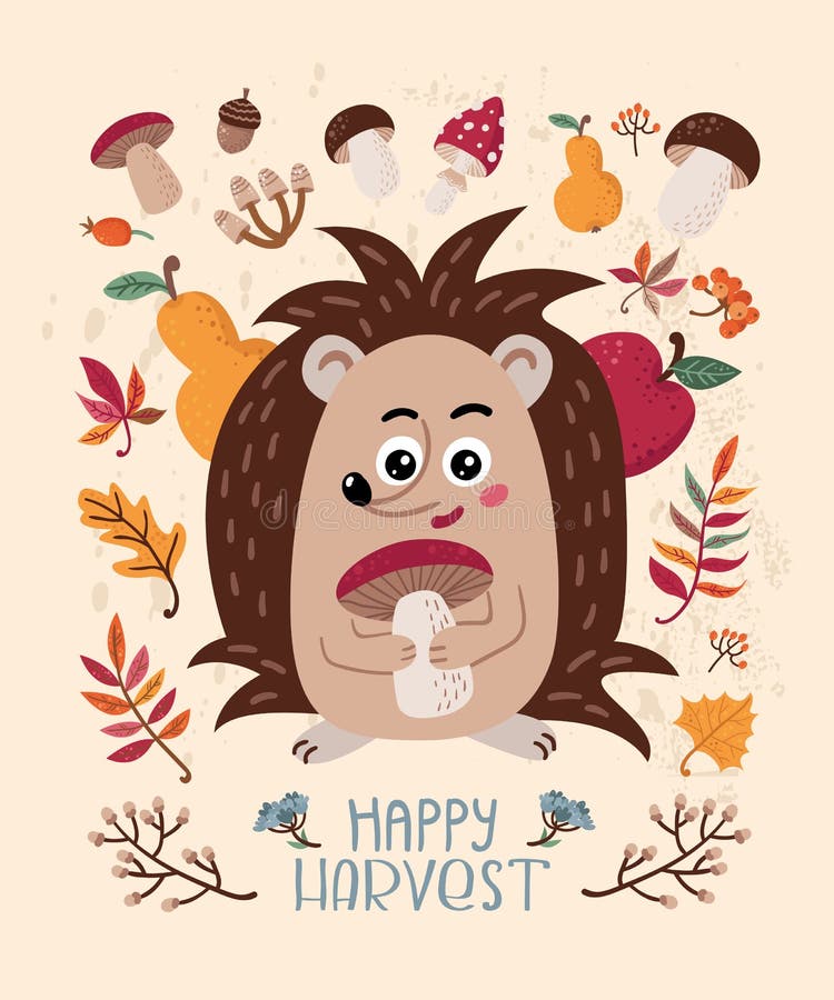 Autumn card with hedgehog and leaves. Vector illustration for your design royalty free illustration