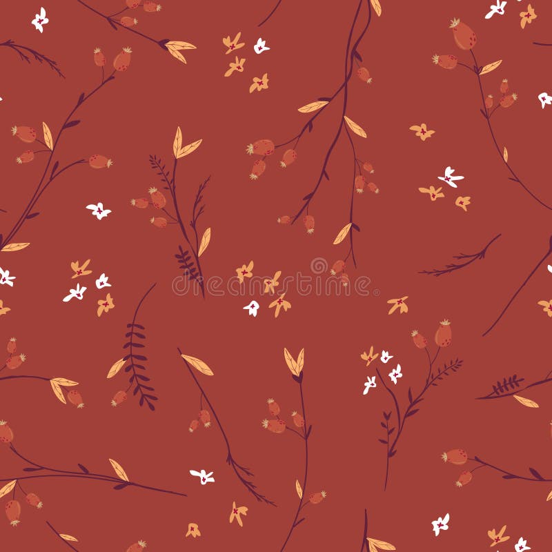 Autumn Floral Seamless Pattern with Leaves and Flowers. Fall Vintage Nature Background for Textile, Wallpaper, Print stock illustration