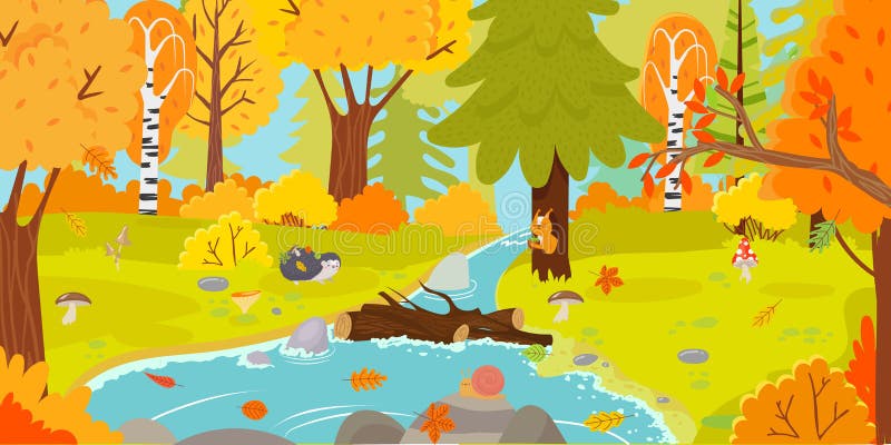 Autumn forest. Autumnal nature landscape, yellow forests trees and woodland fall leaves cartoon vector illustration royalty free illustration