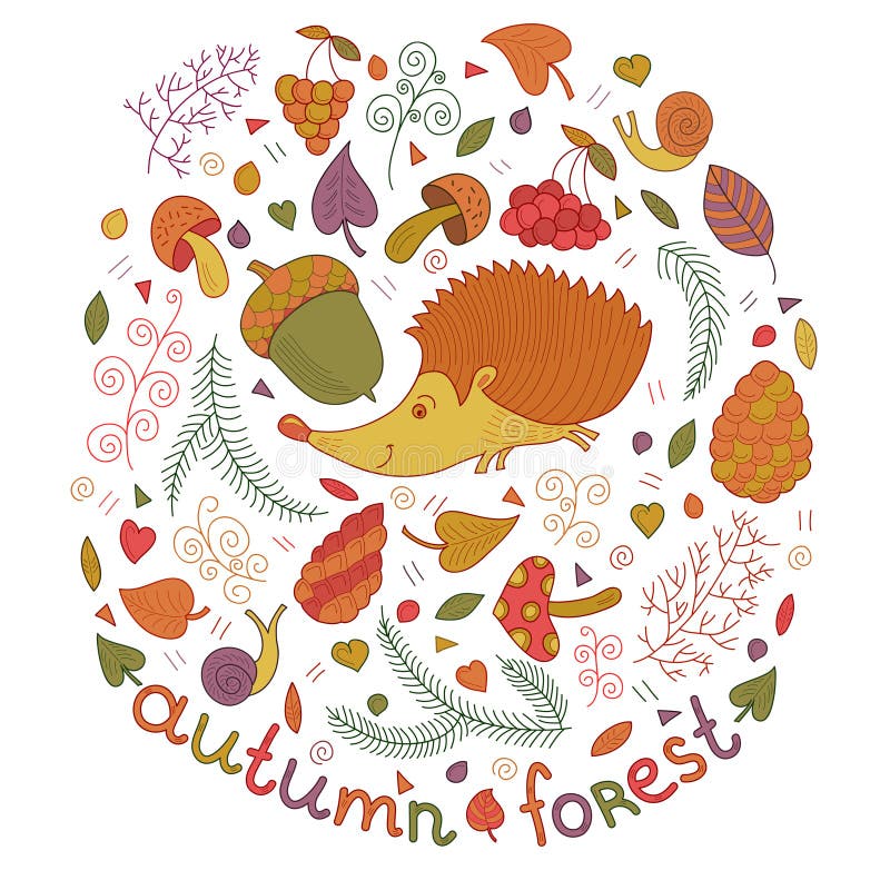 Autumn forest set in vector. Fall collection with hedgehog, leafs, branches, berries, mushrooms etc. in cartoon style. Autumn forest set in vector. Fall vector illustration