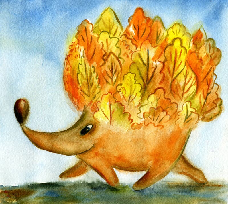 Autumn hedgehog. Watercolor cartoon illustration royalty free illustration