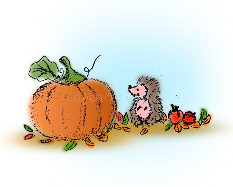 Autumn hedgehog with big pumpkin. Cute illustration of big autumn pumpkin with small hedgehog in fall leaves royalty free illustration