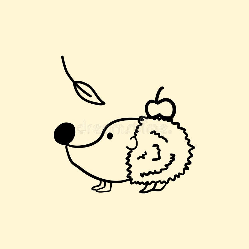 Autumn hedgehog doodle with an apple and a leaf falling. Outline drawing for a coloring book. Simple hand drawn illustration vector illustration