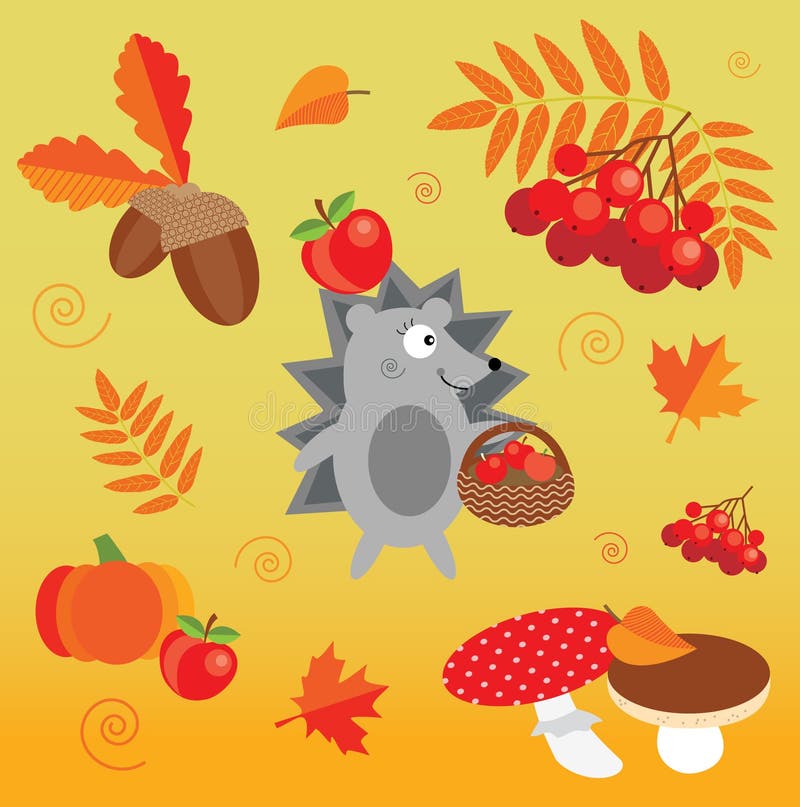 Autumn icon and objects set with cute hedgehog, mushrooms, leaves, pumpkin, acorns and rowan. Autumn icon and objects set with cute hedgehog, mushrooms, leaves stock illustration