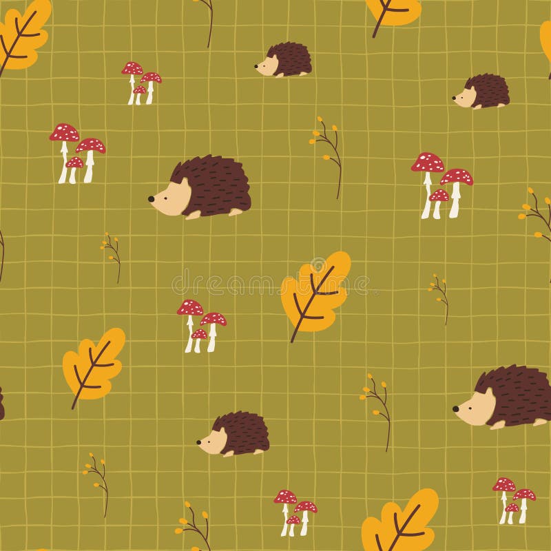 Autumn kids vector background. Hedgehog toadstool mushrooms acorn leaf seamless vector pattern. Scandinavian children.  royalty free illustration