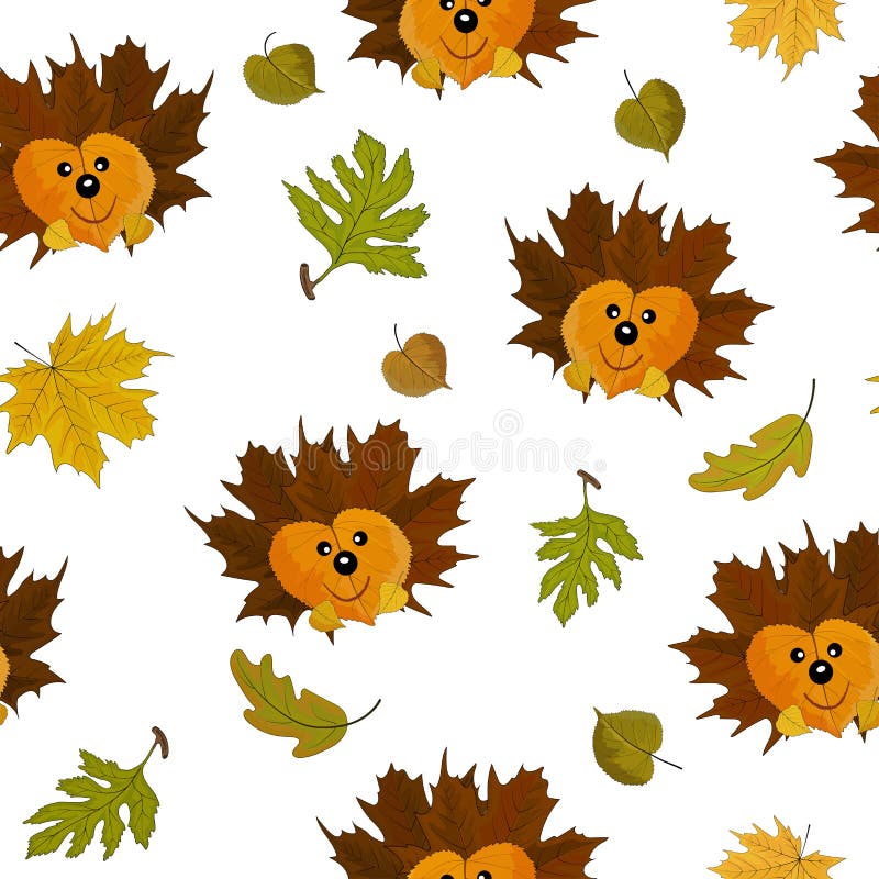 Autumn leaves and application of a hedgehog from autumn leaves. Seamless patterns. Vector vector illustration