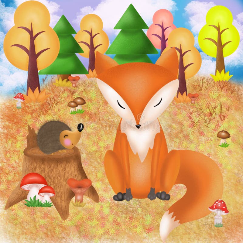 Autumn picture with a Fox and a hedgehog. In the autumn forest a Fox and a hedgehog on a stump stock illustration
