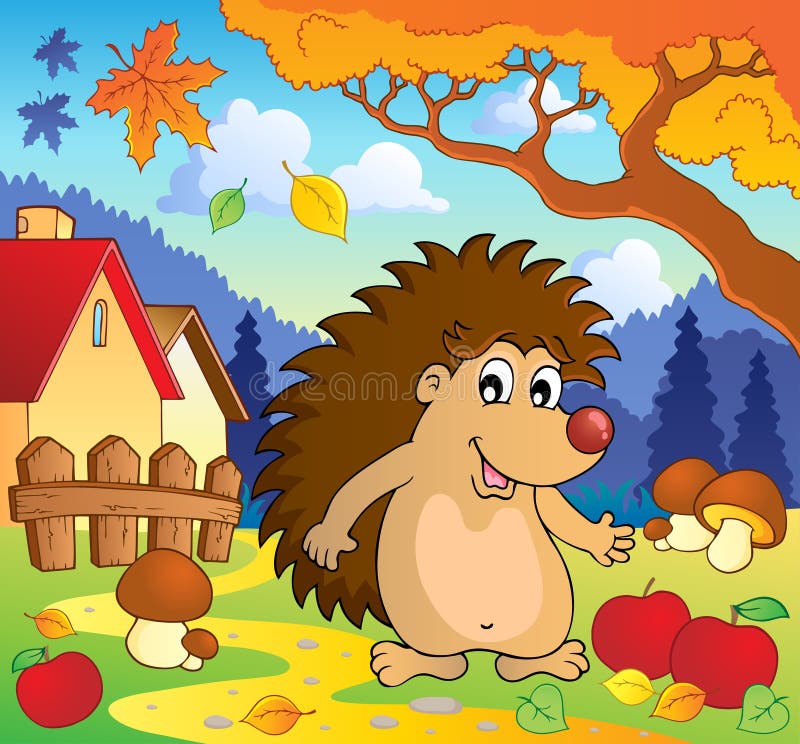 Autumn scene with hedgehog 1. Vector illustration stock illustration