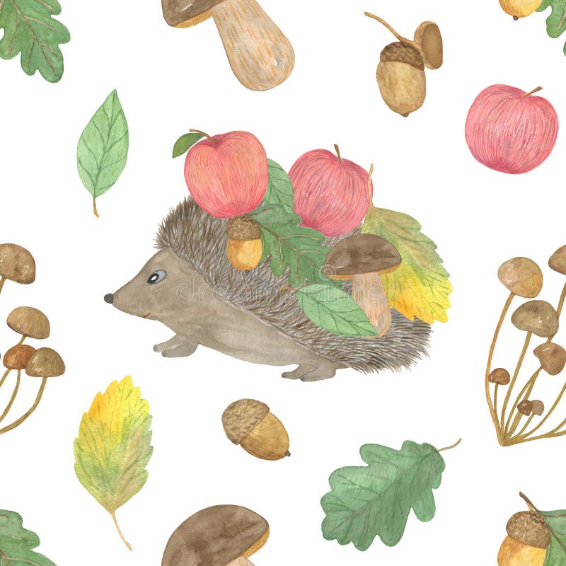 Autumn seamless pattern with cute elements hedgehog, mushrooms, leaves, apples. Multicolored forest composition, hand drawn watercolor pattern stock illustration