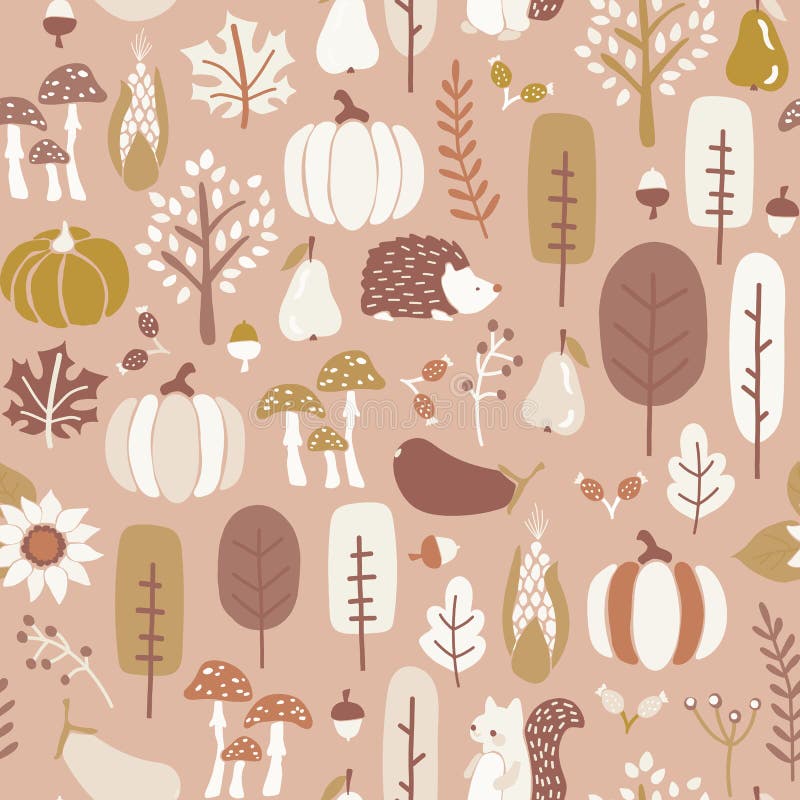Autumn seamless vector pattern in subtle fall colors. Repeating brown gold white background hedgehog, squirrel corn tree. Autumn seamless vector pattern in vector illustration
