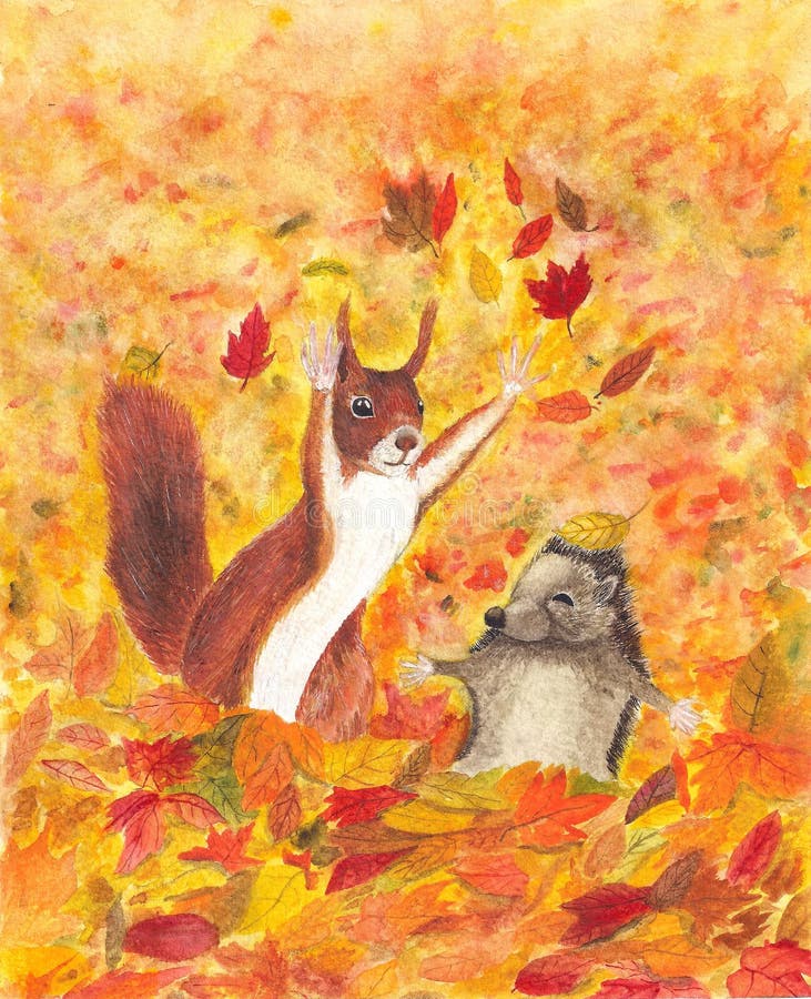 Autumn squirrel and hedgehog watercolor. Illustration Autumn animals squirrel and hedgehog watercolor stock illustration