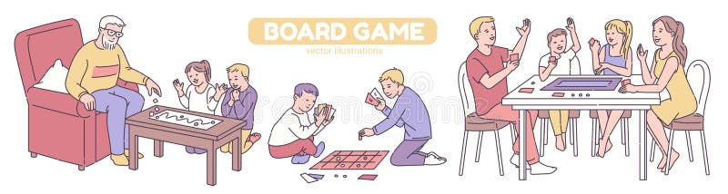 Adults and children playing board games sketch vector illustration isolated. Banner with cartoon characters of adults and children playing board games or table royalty free illustration