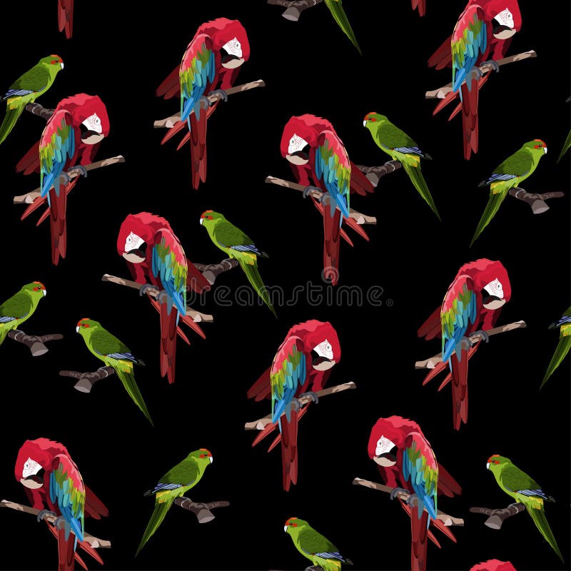 Green red parrot seamless pattern on a black background for wallpaper. Green red parrot seamless pattern on a black background for wallpaper, wrapping, packing stock illustration