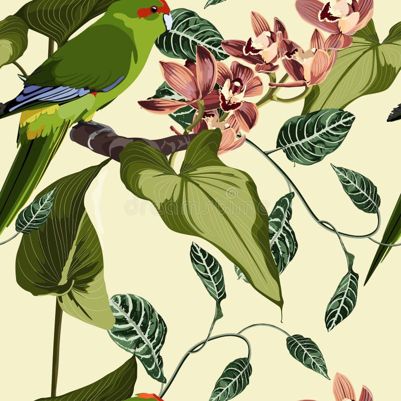 Tropical floral print. Parrot bird in the jungle with orchid flowers in the exotic forest, seamless pattern for fashion. Tropical floral print. Parrot bird in vector illustration