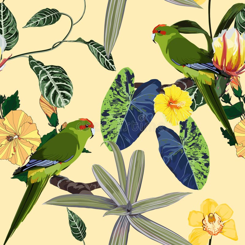 Tropical floral print. Parrot bird in the jungle with flowers in the exotic forest, seamless pattern for fashion. Tropical floral print. Parrot bird in the stock illustration