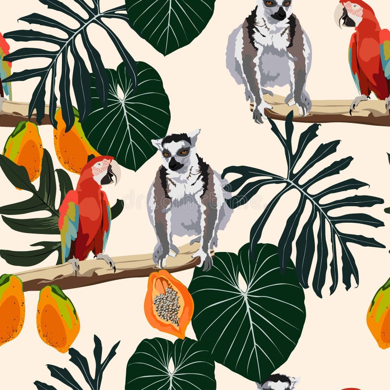 Seamless exotic tropical pattern with leaves, pitaya fruits, lemur and parrot birds. Breadfruit, palm, branch, parrots royalty free illustration