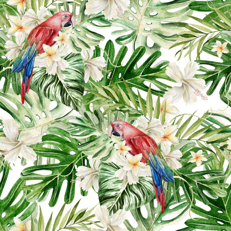 Beautiful watercolor seamless, tropical jungle floral pattern background with palm leaves, flower hibiscus, parrot. Illustration vector illustration