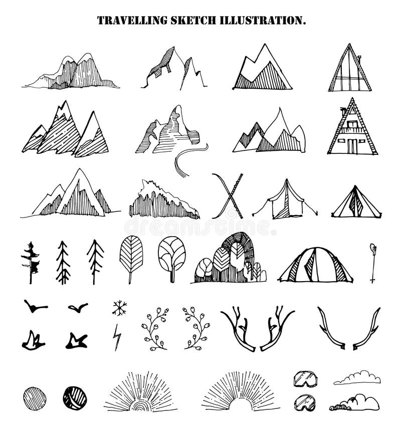 Big hand drawn set of sketch mountains,tents,trees,clouds.,birds,sun shine,sky,floral branches.Vector illustration of royalty free illustration