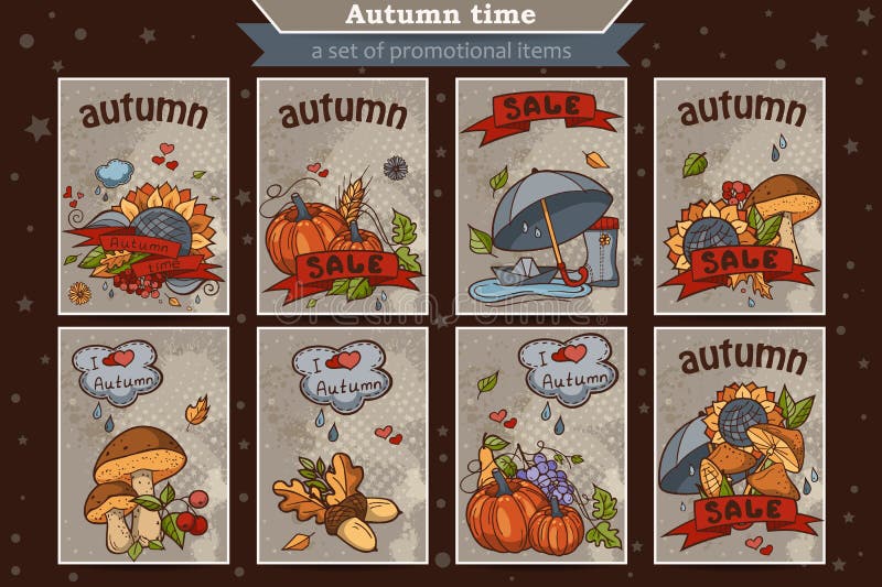 Big set of cards from the vertical colored doodles on theme autumn vector illustration